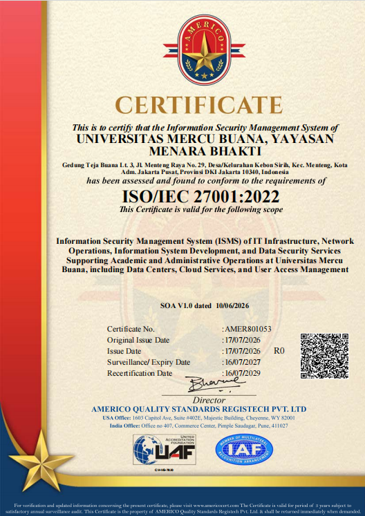 Sertifikat ISO IEC 27001:2022 Universitas Mercu Buana